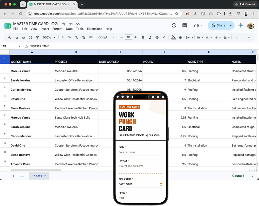 Mobile punch-card form next to a spreadsheet of logged project hours