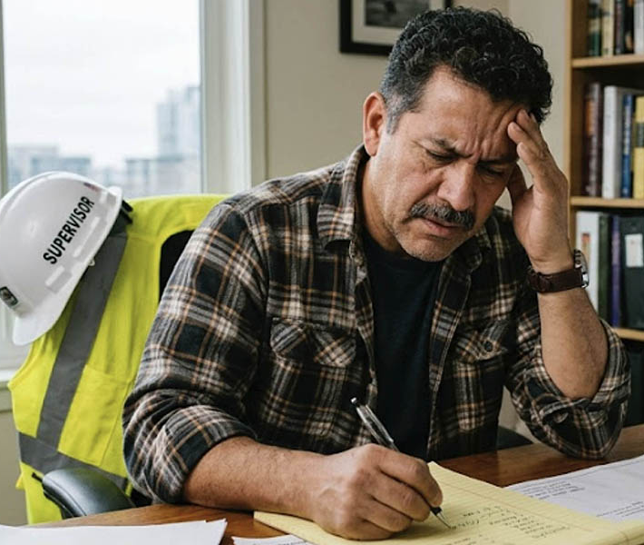 Frustrated construction supervisor reviewing paperwork at a desk