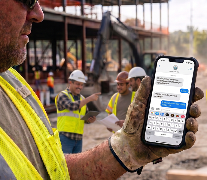 Construction worker on a jobsite using a messaging app on his phone